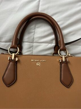 Michael Kors Two-Tone Tan and Brown Leather Satchel with Gold Hardware